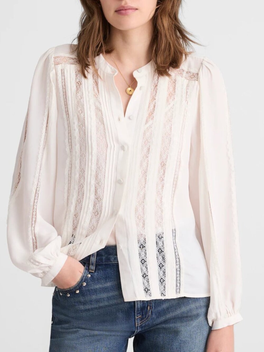 Madewell Lace Insert Button Up Long Sleeve Silk-Like Pintuck Top Cream XL
